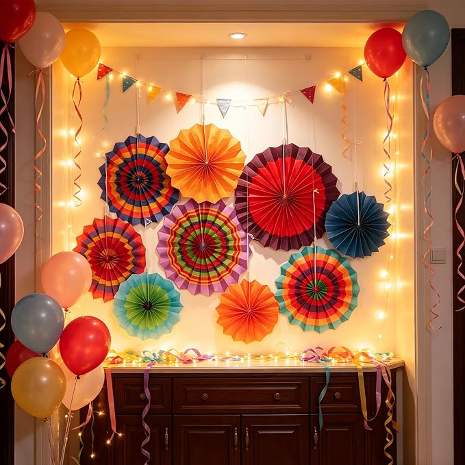 SUNBEAUTY 9 Pcs Colorful Mexican Fiesta Hanging Paper Fans Decorations Paper Fans for Cinco de Mayo Decorations Flower Hanging Mexican Theme Party Decor for Taco Nights Fiesta Party Carnivals