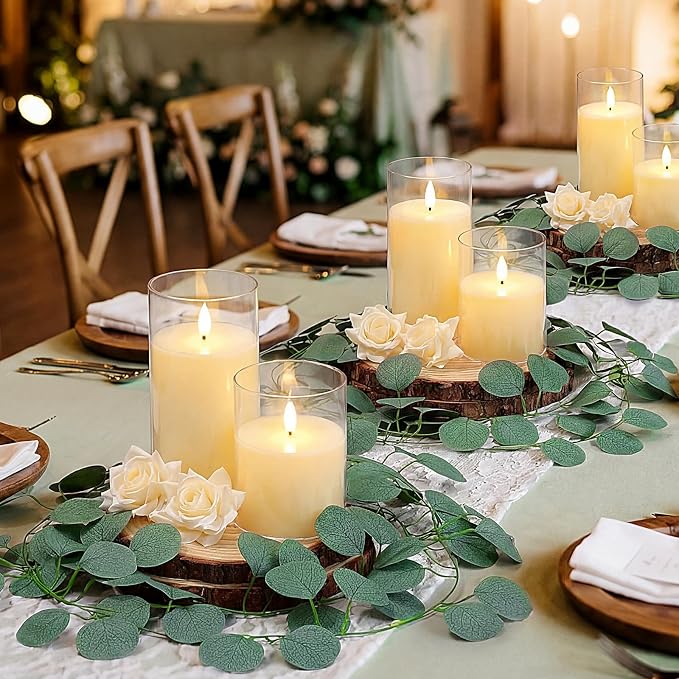 VIHOSE 36 Pcs Wooden Wedding Candle Centerpiece Includes 7.1"-7.9" Round Wood Slices, Eucalyptus Garlands, Flameless LED Candles and Artificial Roses for Wedding Country Farmhouse Table Decor, 6 Sets