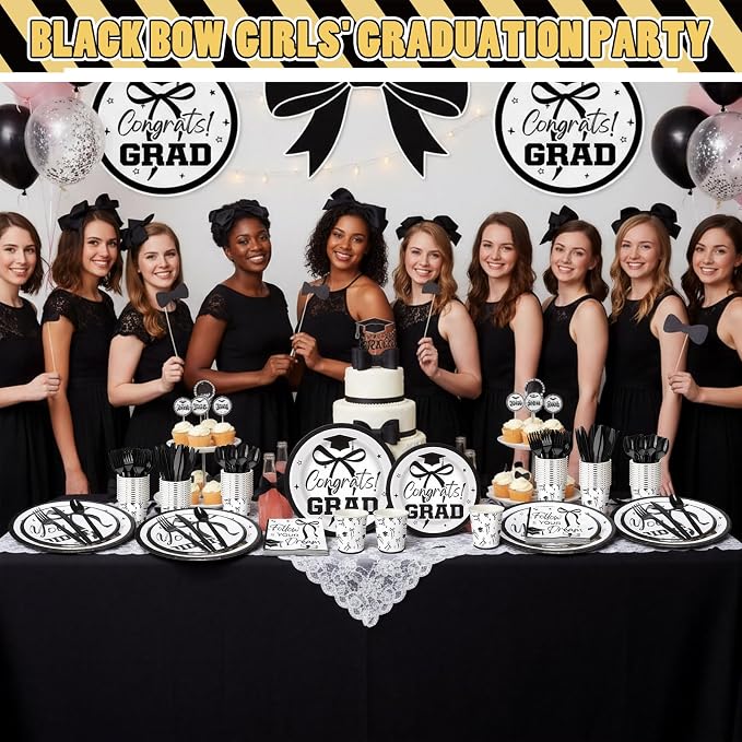 168 Pcs Black Bow 2026 Graduation Party Supplies Black Coquette Congrats Grad Plates and Napkins Class of 2026 Tableware Set Serves 24 Disposable Paper Cups for College Senior High School