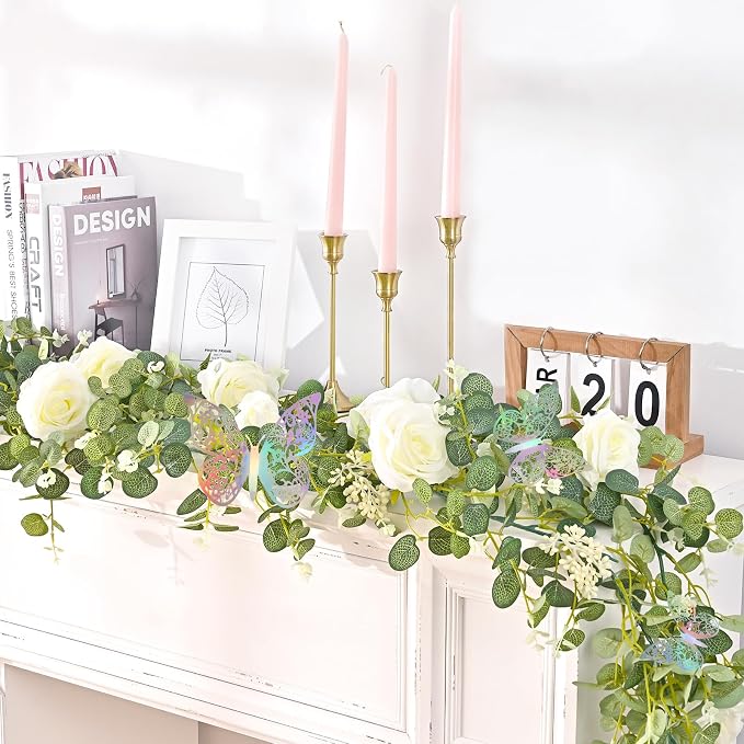 Yastouay 6 Ft White Flower Garland with 3D Butterfly, Artificial Eucalyptus Garland with Flowers Fake Rose Vine for Table Centerpiece Wedding Arch Baby Shower Party Room Backdrop Decor