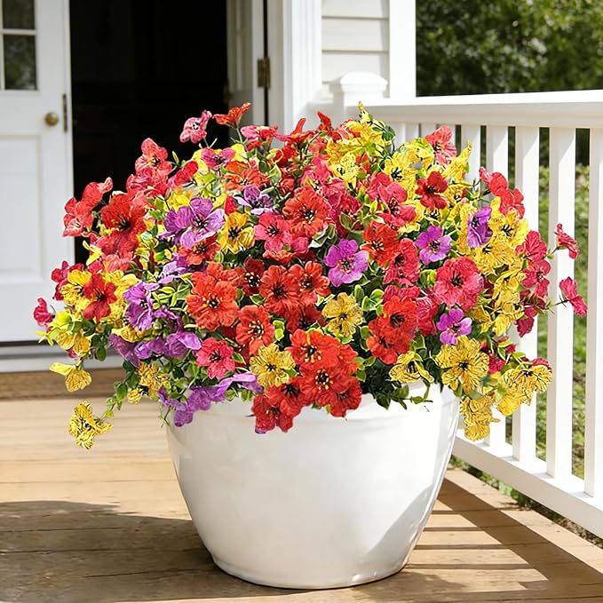12 Bundles Artificial Flowers for Spring Summer Outdoor Decoration Faux Greenery uv Resistant Artificial Outside Flowers Fake Flowers for Porch Garden Home Patio Cemetery Decor (Mixed Color)