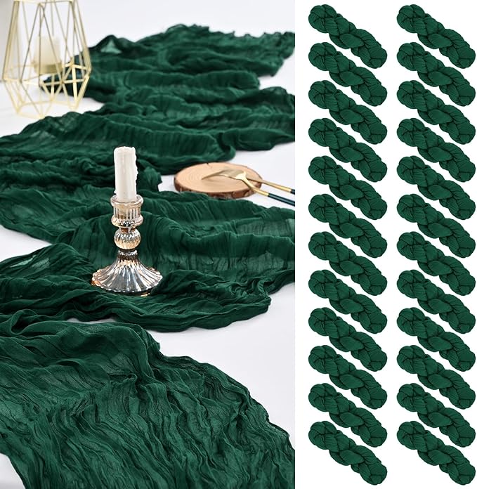 24 Pack Forest Green Cheesecloth Table Runner ,10FT Cheese Cloth Table Runner for Wedding Decor, 20x120inch Rustic Boho Gauze Table Runners for Christmas Wedding Party Bridal Shower