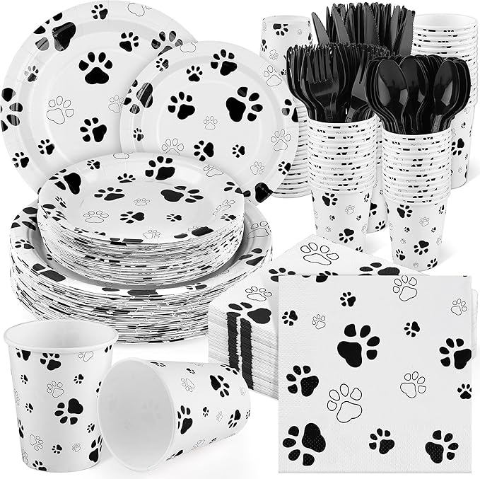 Kochorie 400 Pieces Black Paw Disposable Party Tableware Sets Dog Puppy Supplies Including Plates Cups Napkins Cutlery Serves 50 for Birthday Puppy Theme Party Decorations