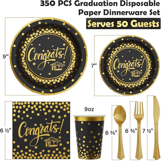 Ecomore 2026 Graduation Party Decoration - 350 PCS Black Gold Grad Supplies Disposable Dinnerware (Severs 50) w/ Congrats Paper Plates Napkin Cup Plastic Cutlery for College High School Class of 2026