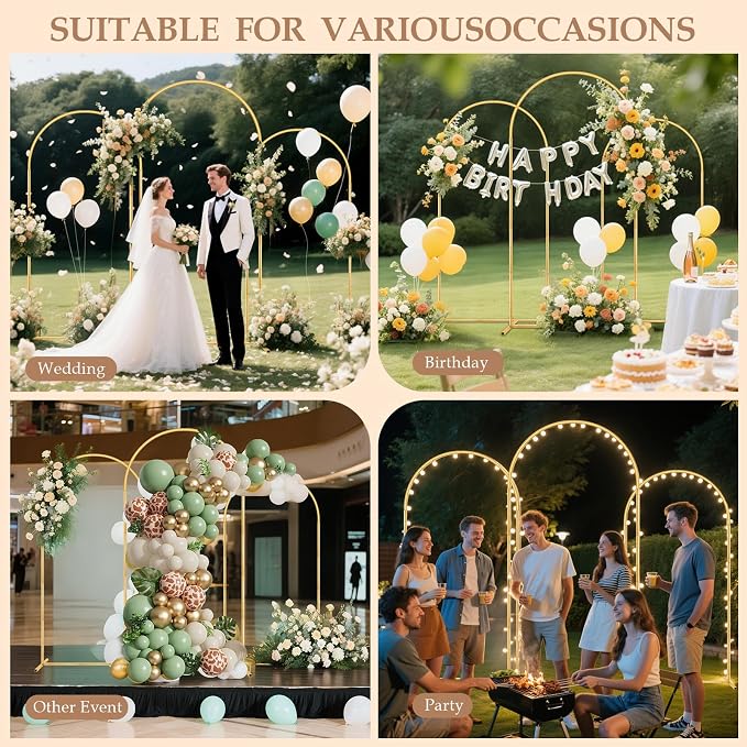 Metal Arch Backdrop Stand Set of 3(6 ft, 5 ft, 4 ft) Party Arch Stands for Wedding, Birthday, Baby Shower, Bridal Shower, Balloon Arched Frame for Garden Decor, Gold Floral Arches,Valentines Day