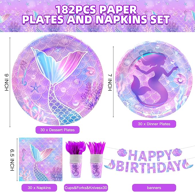 182pcs Mermaid Birthday Party Decorations,Mermaid Themed Plates and Napkins Disposable Tableware Set for Girls Birthday Party Supplies,Serve 30 Guests