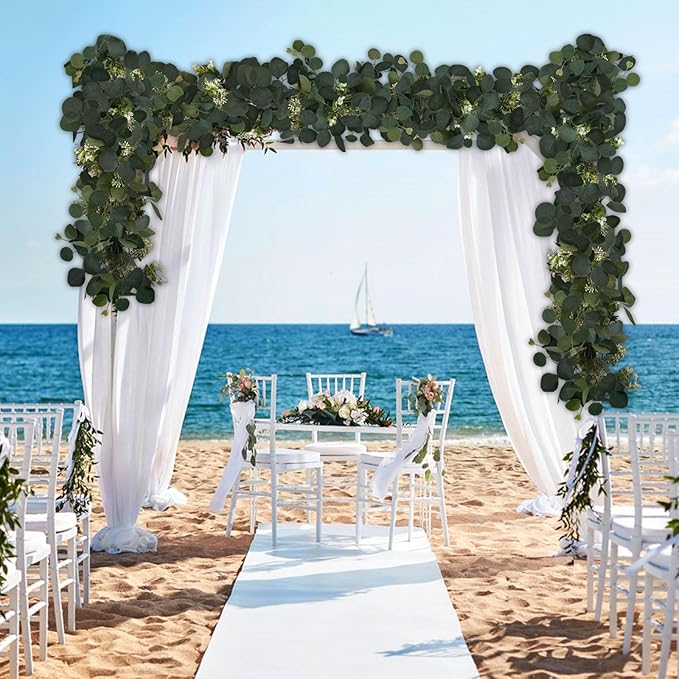 Eucalyptus Garland, 6Pcs 6FT Green Flower Garland Decor, Spring Summer Artificial Faux Eucalyptus Leaves Greenery Vines for Table Runner Wedding Arches Mantle Centerpieces Backdrop Decorations
