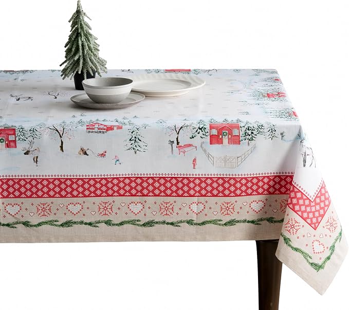 Maison d' Hermine Table Cloth Rectangle Table 100% Cotton 60 x 108 Inches Fall Tablecloth Reusable Everyday Use for Thanksgiving Christmas Decorations Dining Farmhouse Party (Rural Christmas)