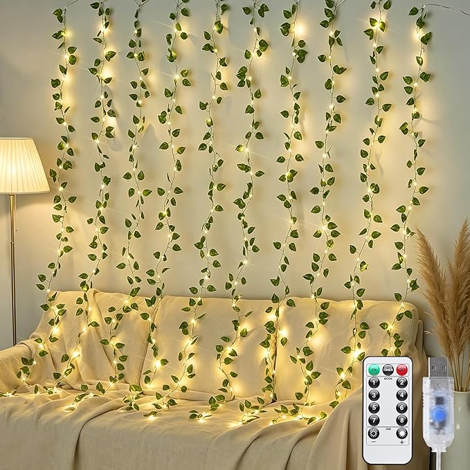 JMEXSUSS Vines Lights for Bedroom, 9.8ft x 9.8ft with Remote, 300 LED Fairy Lights with Vines, Artificial Pothos Curtain Light for Wall Dorm Wedding Indoor Decor