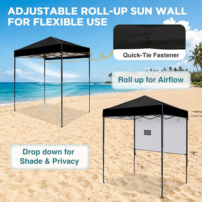 EAGLE PEAK 6x4 Instant Pop Up Canopy Tent with 1 Half Wall Panel, Straight Leg Sun Shelter, Portable Canopy with Carry Bag for Camping, Beach & Sports, Black