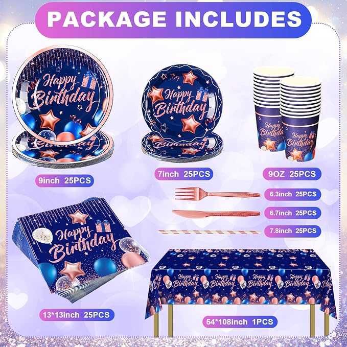 Norme 176 Pcs Navy Blue and Rose Gold Birthday Tableware Set for Women Birthday Decoration Includes Tablecloth Paper Plates Napkins Paper Cups Forks Knifes Straws for 25 Guests Party Supplies (Bright)