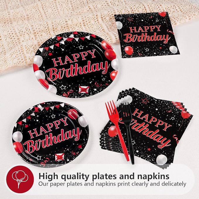 Grencian 96Pcs Red and Black Birthday Party Decorations Red and Black Plates and Napkins Disposable Happy Birthday Tableware Set for Men Women Birthday Party Supplies, Serves 24