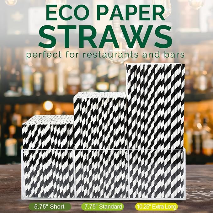 10.25" Long Disposable Paper Drinking Straws, 0.24" Diameter - Black/White Striped, Pack of 100