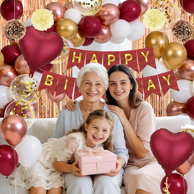 Burgundy Balloons Birthday Decorations, Happy Birthday Banner, Tassel, Heart Foil Balloons, Butterfly, Paper Flower and Fringe Curtains for Happy Birthday Decorations for Women Adults
