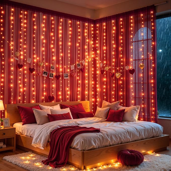 10x10ft Burgundy Tulle Backdrop Curtain with Lights String for Parites, Sheer Backdrop Curtains for Wedding Baby Shower Birthday Party Photo Shoot Decorations