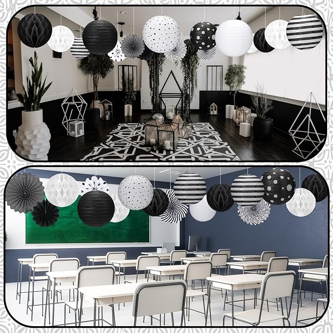 Retisee 18 Pcs Black and White Party Classroom Decoration Hanging Black White Paper Lanterns Paper Fans Honeycomb Balls Polka Dots Stripe Lanterns Decorative for School Classroom Decoration Supplies