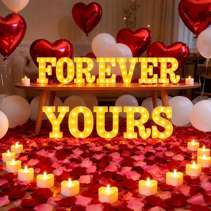 FOREVER YOURS Light up Letters, Include Tea Lights Candles, Latex Balloons, Aluminum Balloons and Rose Petals, Special Festival, Surprise Gifts for Women and Men