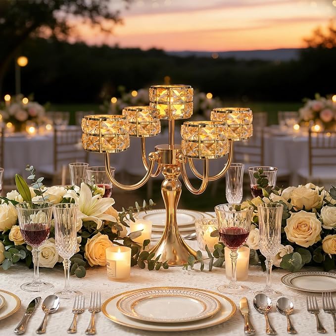 4 Pcs 5 Arm Metal Crystal Candelabra Centerpiece - 13.4 Inch Elegant Candle Holder with Crystal Beads for Wedding Party Christmas Home Dining Table Decoration (Style-B-Gold)