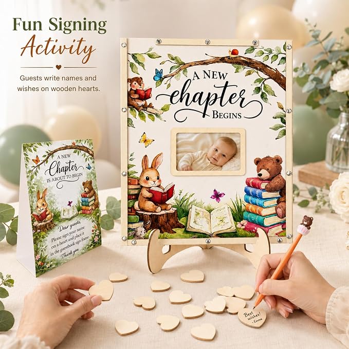 A New Chapter Begins Baby Shower Decorations,Storybook Baby Shower Guest Book Alternatives with Pen,Photo Frame and 60 Heart Wood Slices for 60 Guests,Book Themed Party Decoration