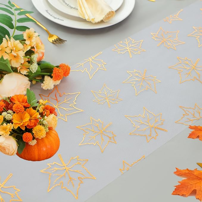 Snowkingdom 2 Pcs Gold Table Runner, Gold Maple Leaves Fall Thanksgiving Table Decorations for Autumn Harvest Sequin Glitter Lightweight White Thin Mesh Sparkle Farmhouse Dining Party Decor 108 Inch