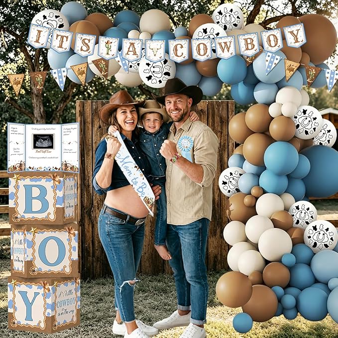 Cowboy Baby Shower Decorations for Boy, A Little Cowboy is on the Way Party Supplies, Western Rodeo Baby Shower Decor, It's a Boy Gender Reveal, Balloon Box Banner Backdrop Stickers Sash Cake Topper
