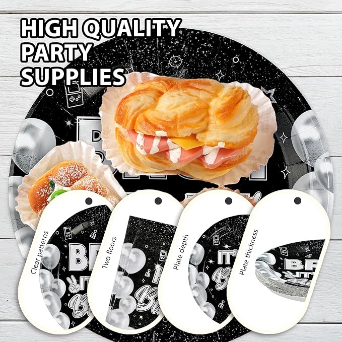 96pcs Bruh It's My Birthday Decorations Black and White Birthday Plates and Napkins for Teen Boys Black and Silver Birthdays Graduation 2026 Party Decorations