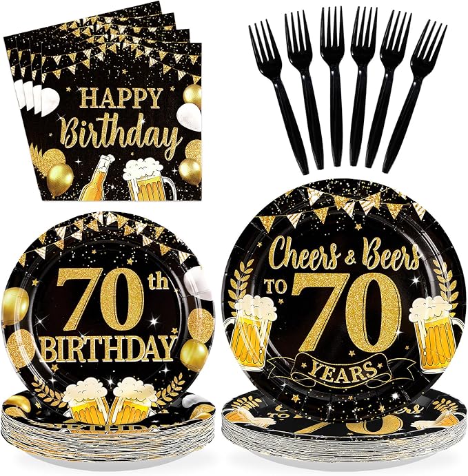 96Pcs 70th Birthday Party Supplies Black Gold Plates and Napkins Tableware Sets Cheers and Beers to 70 Years Decorations Favors for Men Women 70 Years Old Birthday Dinner Holiday Party Serves 24