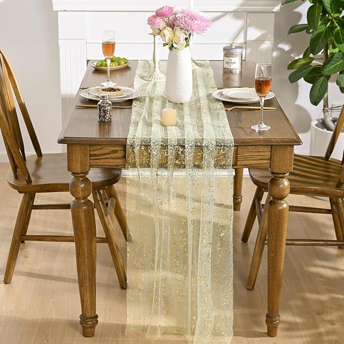 Artoid Mode 3PCS Sage Green Gold Gauze Table Runner 120 Inch 10FT, Glitter Metallic Foil Sheer Dining Wedding Anniversary Holiday Birthday Table Decor for Home Party