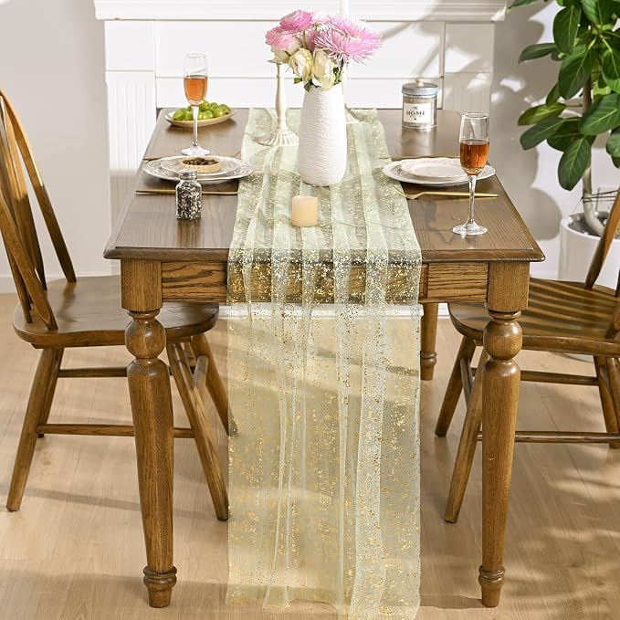 Artoid Mode Sage Green Gold Gauze Table Runner 120 Inch 10FT, Glitter Metallic Foil Sheer Dining Wedding Anniversary Holiday Birthday Table Decor for Home Party