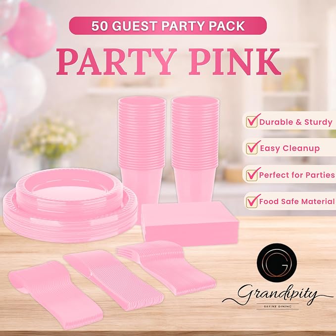 Grandipity 350 Piece Pink Disposable Dinnerware Set, Includes 50 of Each: 9" Dinner Plates, 7" Dessert Plates, 12oz Cups, Paper Napkins, Forks, Knives & Spoons