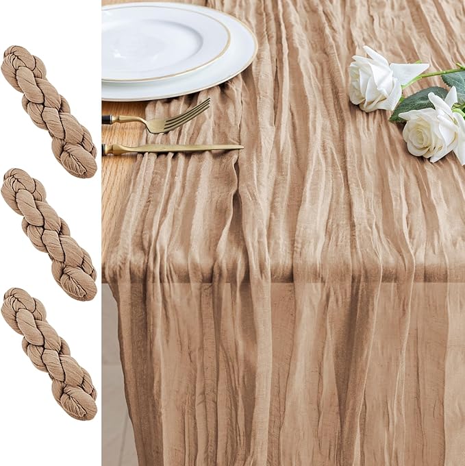 3PCS Table Runner Cheesecloth 10FT Nude Boho Gauze Cheese Cloth Rustic Sheer Table Runners for Wedding Bridal Baby Shower Party Decoration