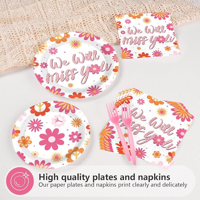 96Pcs Pink Daisy Farewell Party Supplies We Will Miss You Plates and Napkins Groovy Flowers Tableware Set for Boho Hippie Goodbye Office Retirement Going Away Party Decor, Serves 24