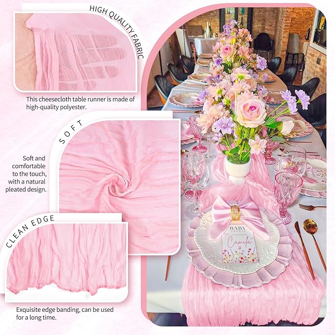 18 Pack Cheesecloth Table Runner 10FT Light Pink Table Runner Boho Gauze Cheese Cloth Table Runners Long Rustic Sheer Table Decorations for Wedding Party Baby Bridal Shower Birthday Holiday Home