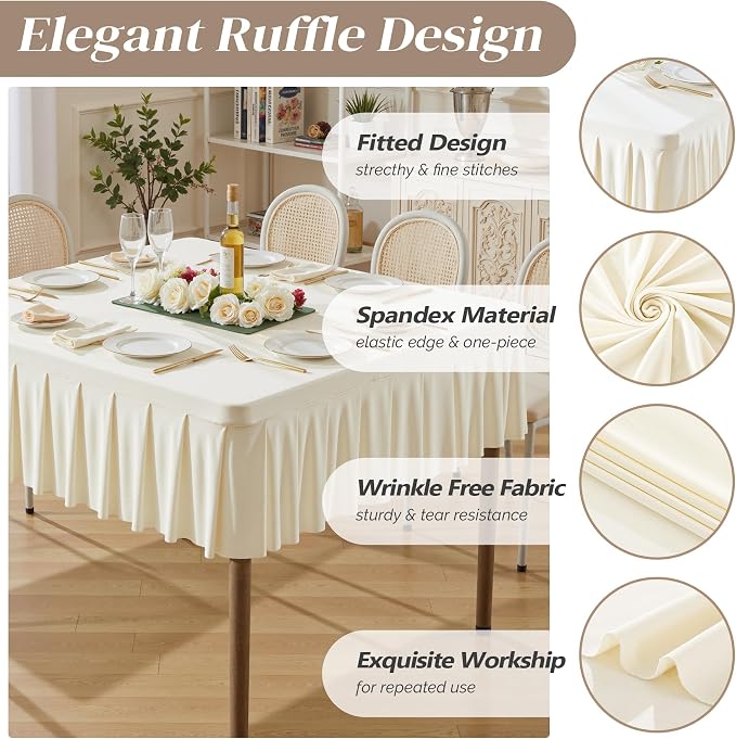 Wish Care 4 Pack Ivory Spandex Tablecloths for 34x34 Inch Square Tables, Stretch Fitted Table Clothes with Pleated Ruffle Skirt for 34” Table, Wrinkle Free and Elastic, for Party Kitchen Home Dining