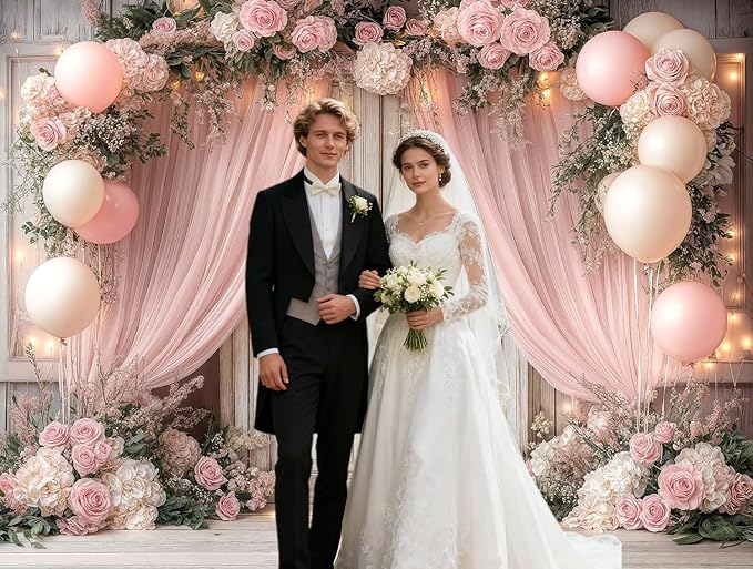 6X4ft Wedding Floral Backdrop Vintage White Wood Barn Doors Pink Rose Flowers Elegant Photography Background Bridal Anniversary Party Photo Shoot Decor Props