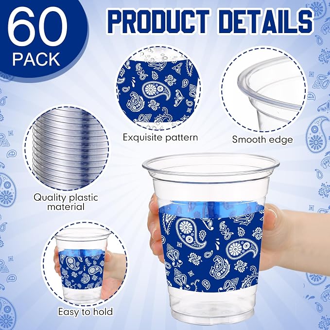 Funnymoom 60 Pack Cowboy Cup 12 oz Blue Bandana Disposable Clear Plastic Cups for Western Cowboy Birthday Party Decoration Supplies