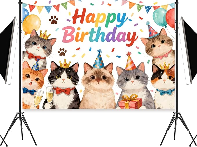 7x5 Ft Happy Birthday Backdrop Cat Birthday Party Decorations Kitten Birthday Photo Backdrop Photography Background Pet Paw Birthday Party Supplies