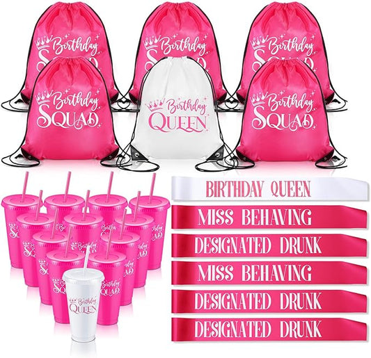 SiliFine 18 Pcs Birthday Squad Party Favors for Women Girls, 6 Sets Birthday Queen 24 oz Plastic Tumblers with Lid and Straw Squad Drawstring Bags Sashes for Sweet Party Favors(Rose Red + White)
