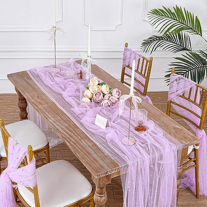 LuoluoHouse Pearl Tulle Table Runner Fabric: 10ft Wedding Veil Seasonal Dessert Light Purple Chiffon Pearl Lace Boho Overlay Wedding Aisle Runner Party Decorations Doilies