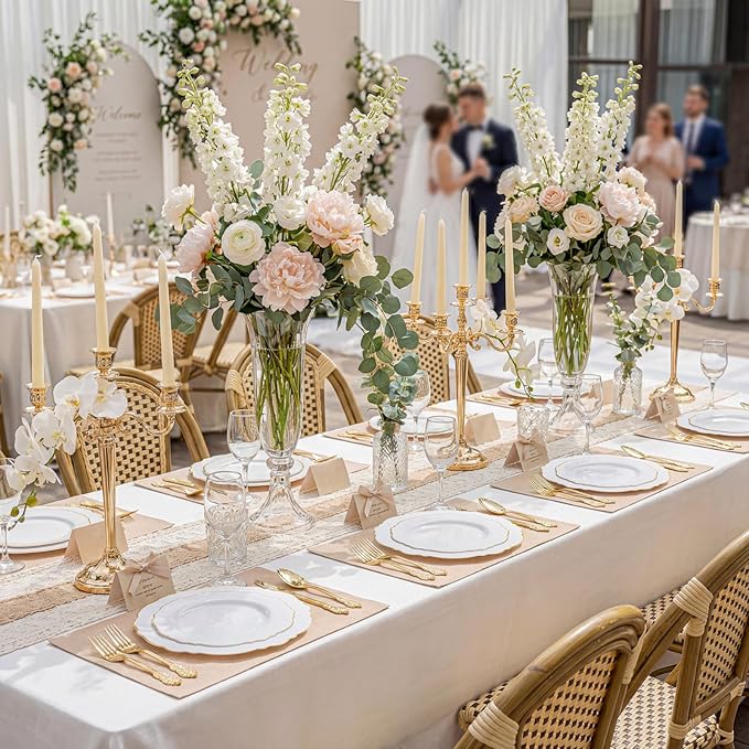 WDF 60pcs White and Gold Plastic Plates - Baroque White With Gold of 30 Heavy Duty Gold dinner plates 10.25inch, 30 Salad Plates 7.5inch Perfect for Wedding/Baby Shower/Spring/Mother's Day