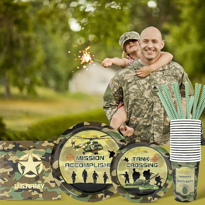 Recheel Army Birthday Party Supplies Decorations, Camo Theme Birthday Paper Plates and Napkins Set with Cups and Straws for 24 Guests, 120 Pcs Disposable Party Dessert Dinnerwares
