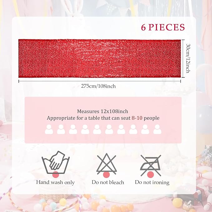 54 Pieces of Red Sequin Chair Ribbons and Table Runners, 48 Sequin Chair Bows, 6 Glitter Table Runners, Suitable for Wedding Parties Birthday Meeting Events Decorations (Red)