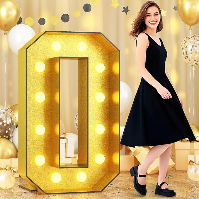 4FT Large Light Up Numbers 0, Gold Number 0 Marquee Frame Marquee Mosaic Number for Birthday, Giant Number 0 Marquee 4 Feet Tall DIY Frame Pre-Cut Foam Board Kit for Graduation Anniversary Decoration