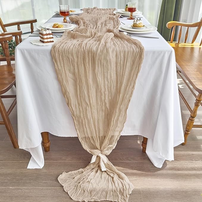 IVAPUPU 2 Pcs Cheesecloth Table Runner - 10ft Nude Spring Boho Gauze Cheese Cloth Table Runners for Baby Shower Decorations Wedding Party Garden Farmhouse