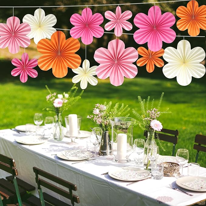 BestoFun 12 PCS Paper Flowers Fans Pink and Orange Party Decorations Paper Flowers Decorations for Wall Girl Groovy Birthday Baby Shower Wedding Bachelorette Room Hanging Décor