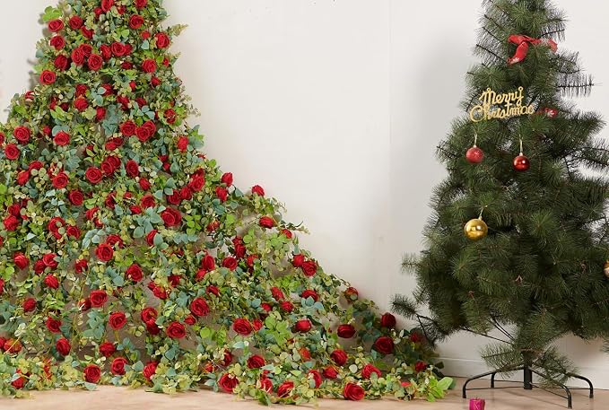 PONKING Flower Garland Artificial Rose Vine Flowers Hanging Fake Roses Vines for Wedding Birthday Party Valentines Christmas Room Wall Arch Decor, 2 Red Floral Garland Decorations, High Realistic