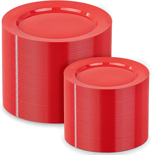 FLOWERCAT 200PCS Red Plastic Plates Disposable Plates for Party - Heavy Duty Plastic Plates - 10" &7" Plate for 100 Guests Parties and Events &July 4th