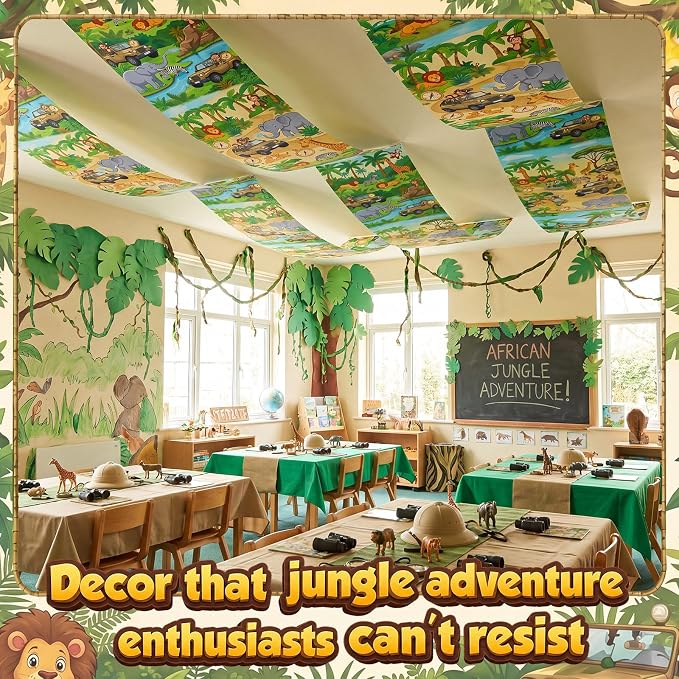 Gilprop 3 Pack Jungle Safari Ceiling Decorations for Classroom, 24" x 12 ft Rainforest Animal Hanging Banners, Safari Theme Decor for Kids Birthday Party Sunday School Classroom Transformation