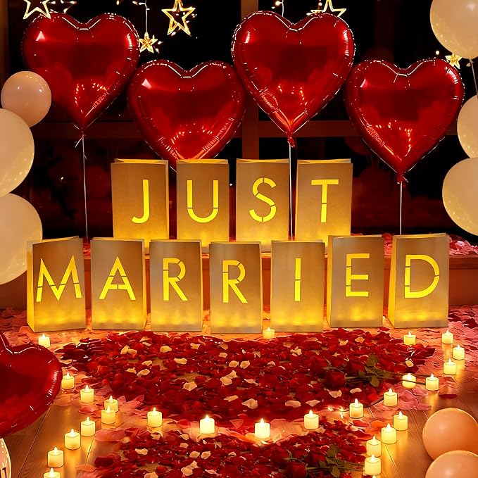 Just Married Luminary Paper Bags with LED Tea Lights Flameless Candles Balloons Rose Petals, Light Up Letters Signs for Valentines' Day Engagement Romantic Decorations