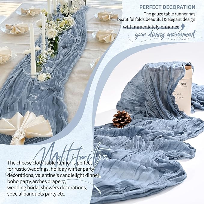 4 Pack Cheesecloth Table Runner 10FT Dusty Blue Table Runner Boho Gauze Cheese Cloth Table Runners Long Rustic Sheer Table Decorations for Wedding Party Baby Bridal Shower Birthday Holiday Home